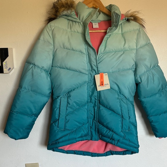 Arizona Jean Company Kids Teal Gradient Puffer Jacket with Faux Fur - Picture 1 of 5